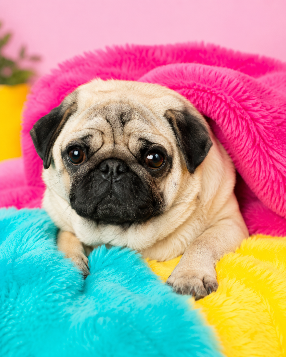 Cute cozy pug in bright blankets